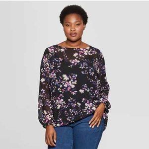 AVA & VIV Sheer Floral and Black Long Sleeve Tunic w/ Shell